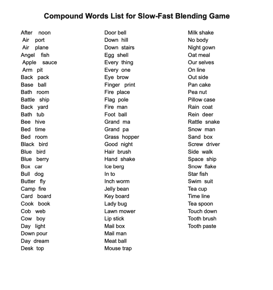 compound words list printable