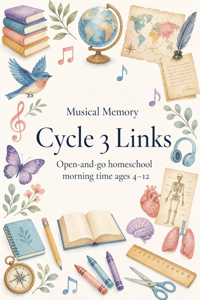 Pinterest graphic for Musical Memory Cycle 3 Links with open-and-go homeschool morning time ages 4 to 12 subtitle