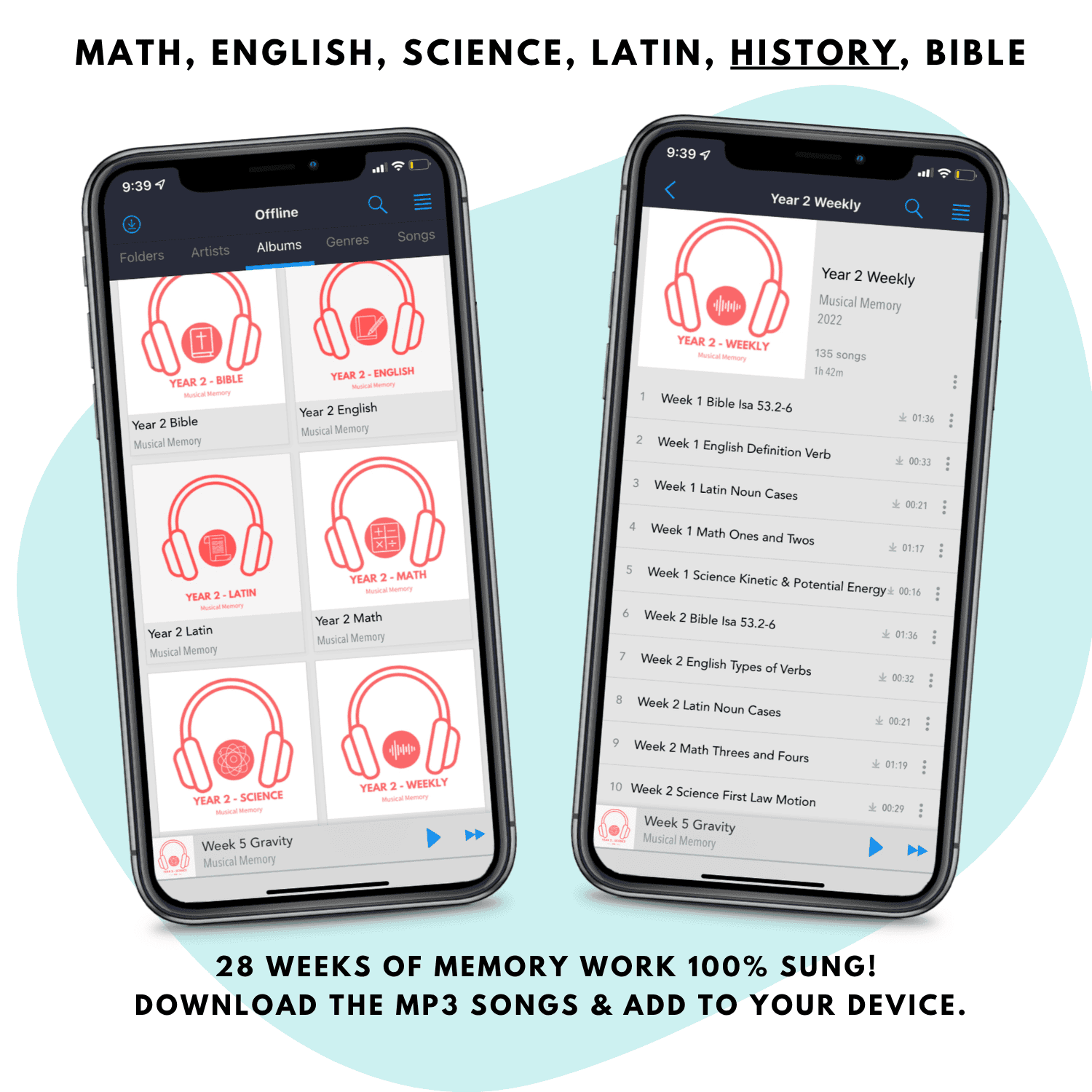 Screenshot of Musical Memory app with cycle 3 songs and weekly lessons.