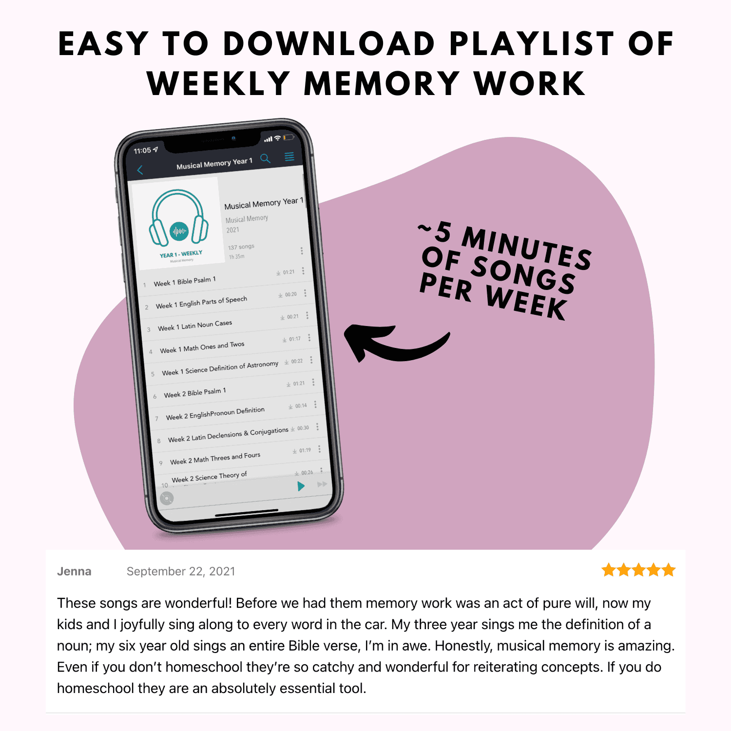 Mobile app displaying weekly memory work songs for seniors.